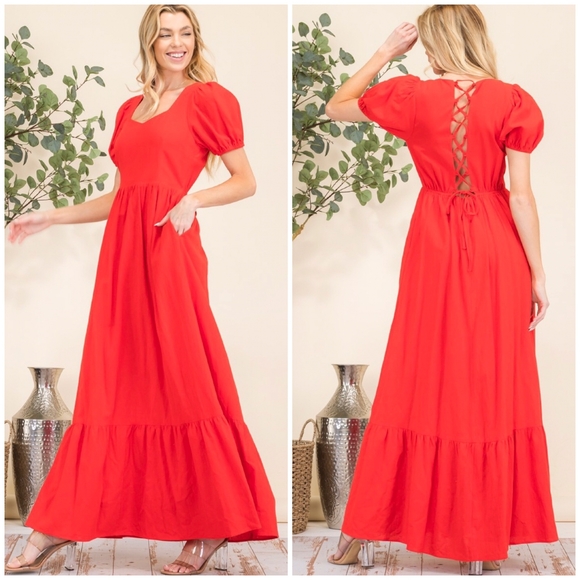 HYFVE Boho Chic Rich Red Puff Sleeves Tiered Maxi Dress - Picture 2 of 8